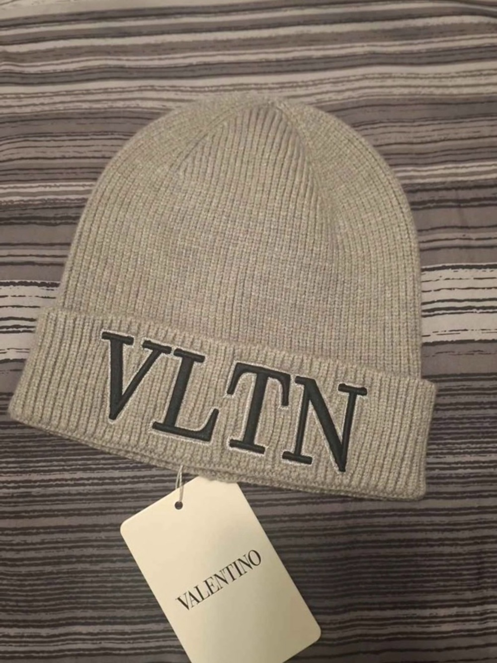 Valentino Ribbed Knit Beanie in Light Gray